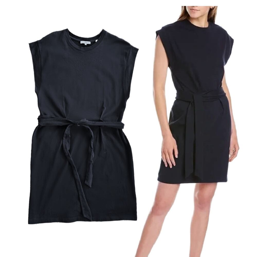 VINCE Minimalist Tie Waist T-Shirt Dress Large Crewneck Structured Deepest Navy